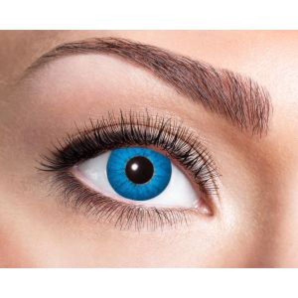 Beauty female blue eye with curl long false eyelashes - macro shot over white background