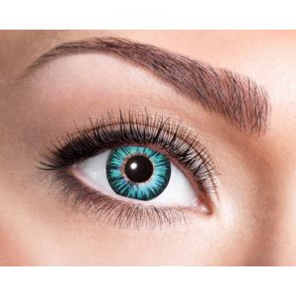 Beauty female blue eye with curl long false eyelashes - macro shot over white background